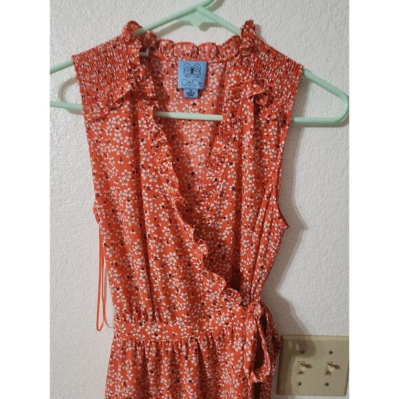 CeCe Wrap Dress Womens Extra Small XS Tie Floral Spring Ruffle Bay Coral - Picture 6 of 10